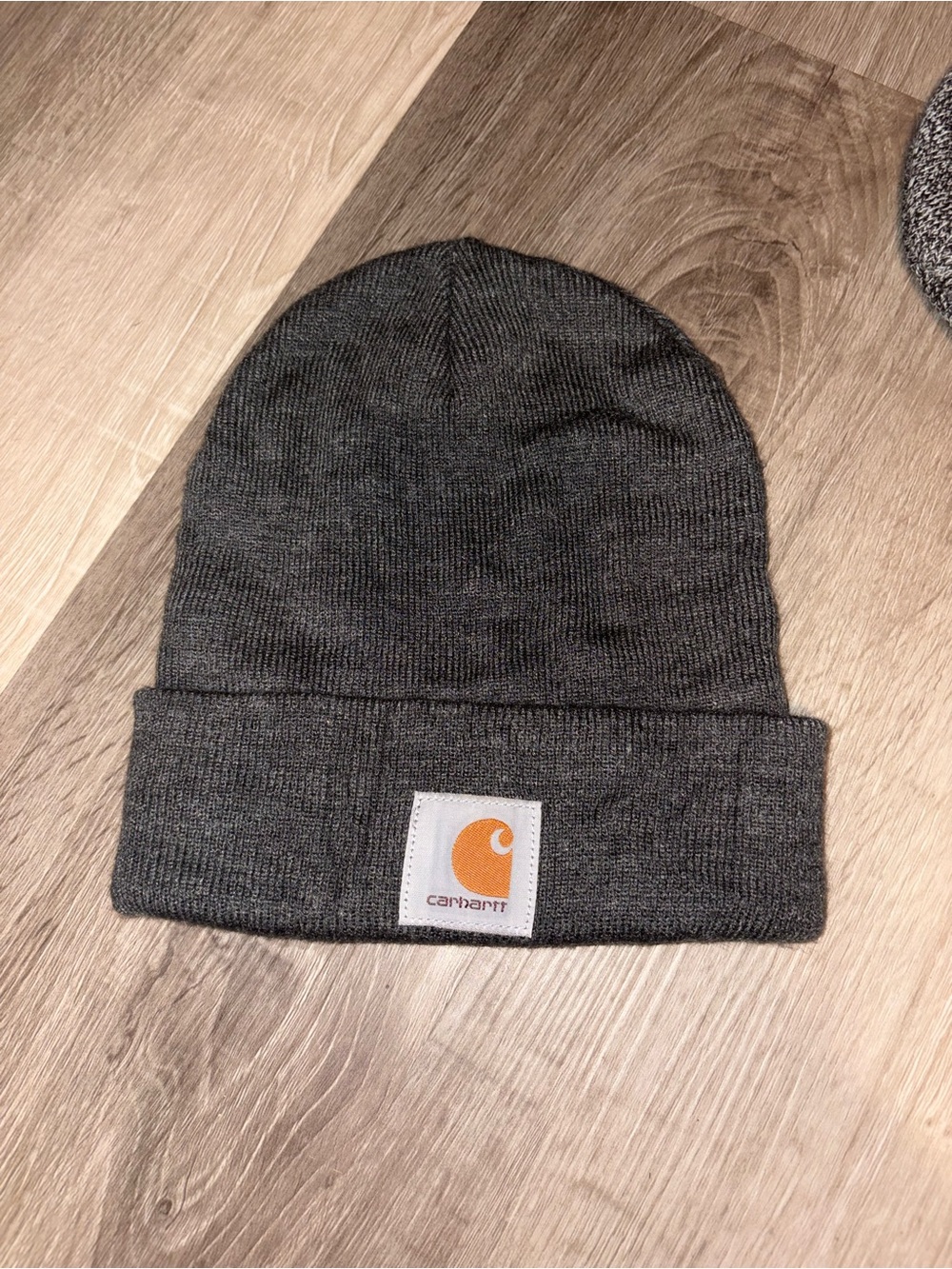 Carhartt Dark Gray Knit Beanie with Orange Patch Logo